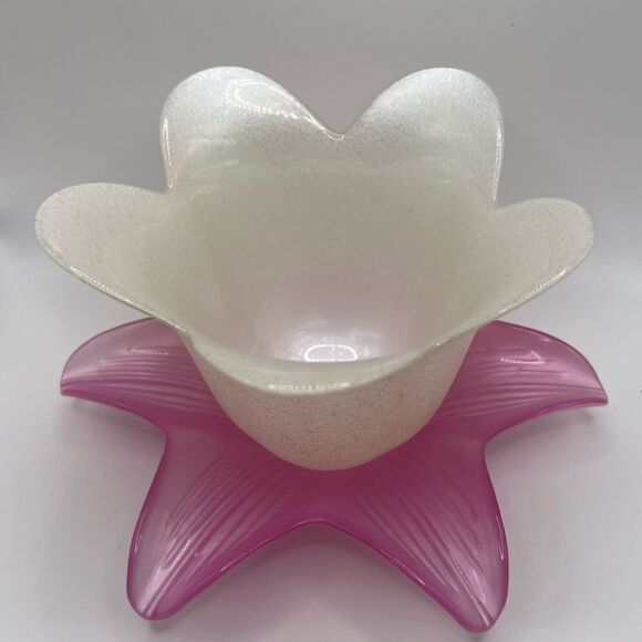 Large Frosted Glass Tulip Candle Holder. Glitter White and Pink Tulip - Picture 3 of 8